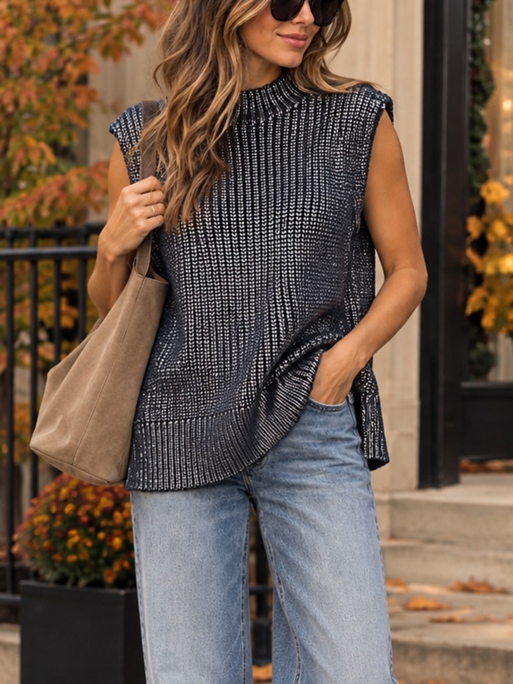 Anthropologie Pilcro Oversized Foil Sweater Vest navy blue size Small